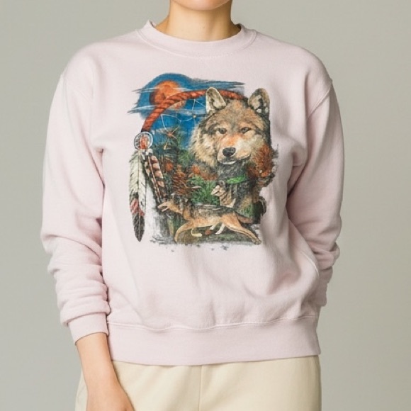 Tops - Vintage Pink Wolf Graphic Sweatshirt Sz S 90s Crew Neck Cotton Tribal Print Y2K